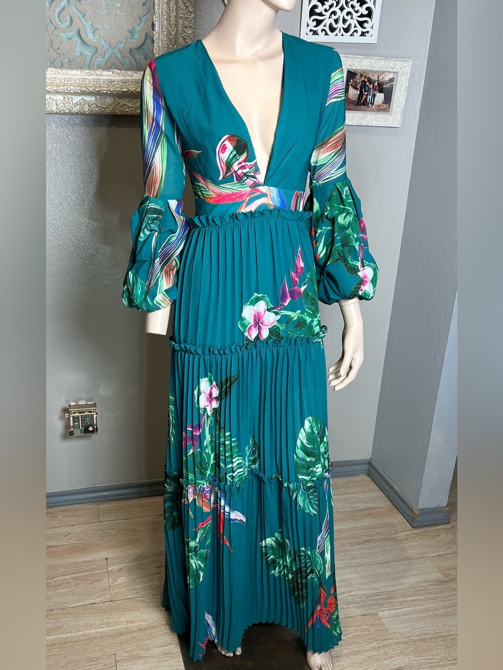 Banjul Teal Tropical Floral V-Neck Maxi Dress - Picture 3 of 15